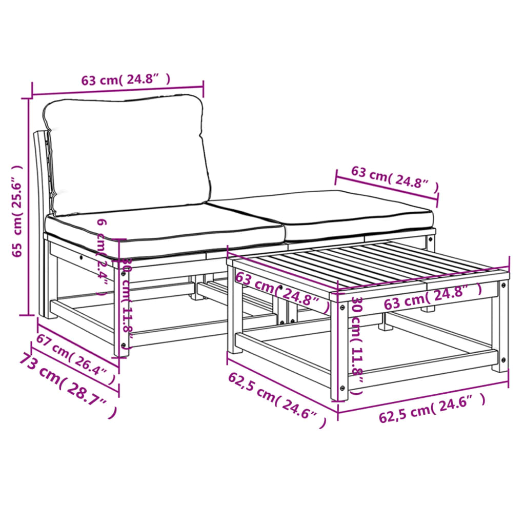 vidaXL 3 Piece Patio Lounge Set with Cushions Solid Wood Acacia