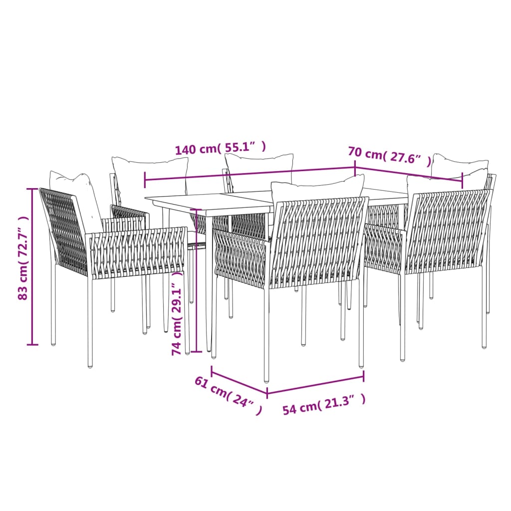 vidaXL 7 Piece Patio Dining Set with Cushions Poly Rattan and Steel