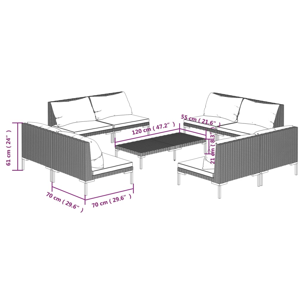 vidaXL 9 Piece Patio Lounge Set with Cushions Poly Rattan Dark Gray