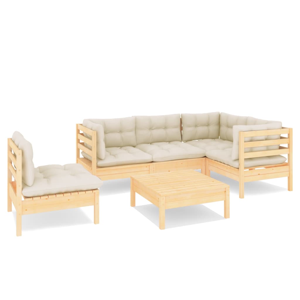 vidaXL 6 Piece Patio Lounge Set with Cream Cushions Pinewood