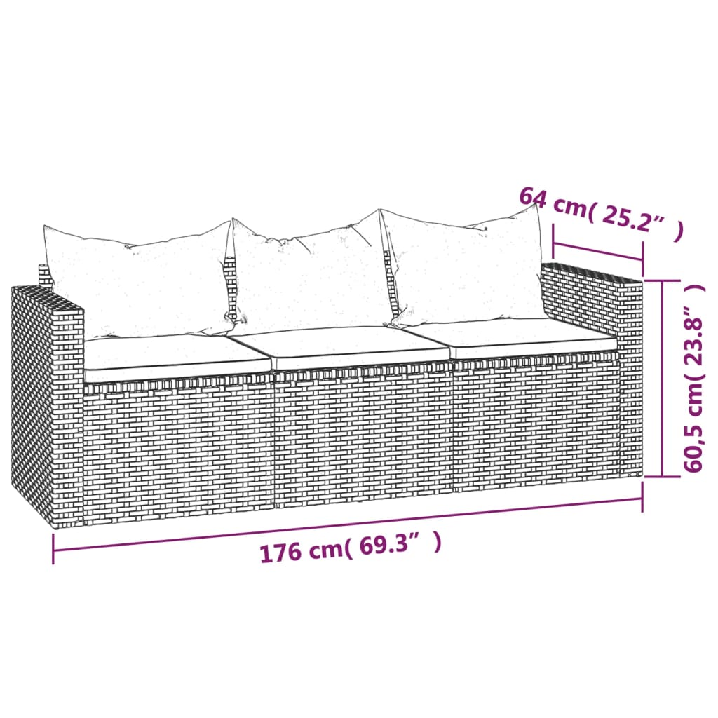 vidaXL 3 Piece Patio Lounge Set with Cushions Gray Poly Rattan