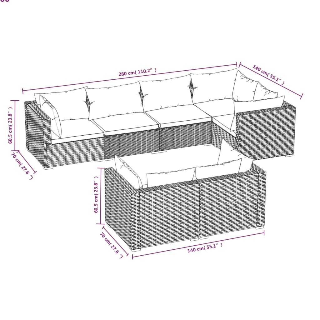 vidaXL 7 Piece Patio Lounge Set with Cushions Brown Poly Rattan