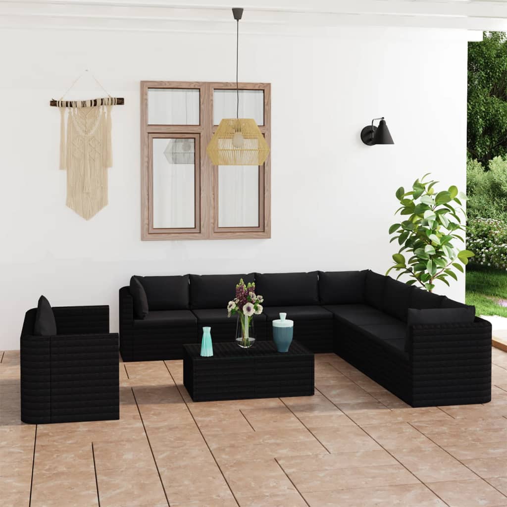 vidaXL 11 Piece Patio Lounge Set with Cushions Poly Rattan Black