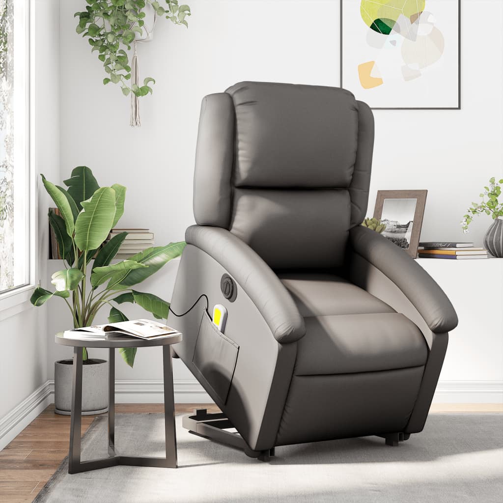 vidaXL Electric Stand up Massage Recliner Chair Gray Real Leather