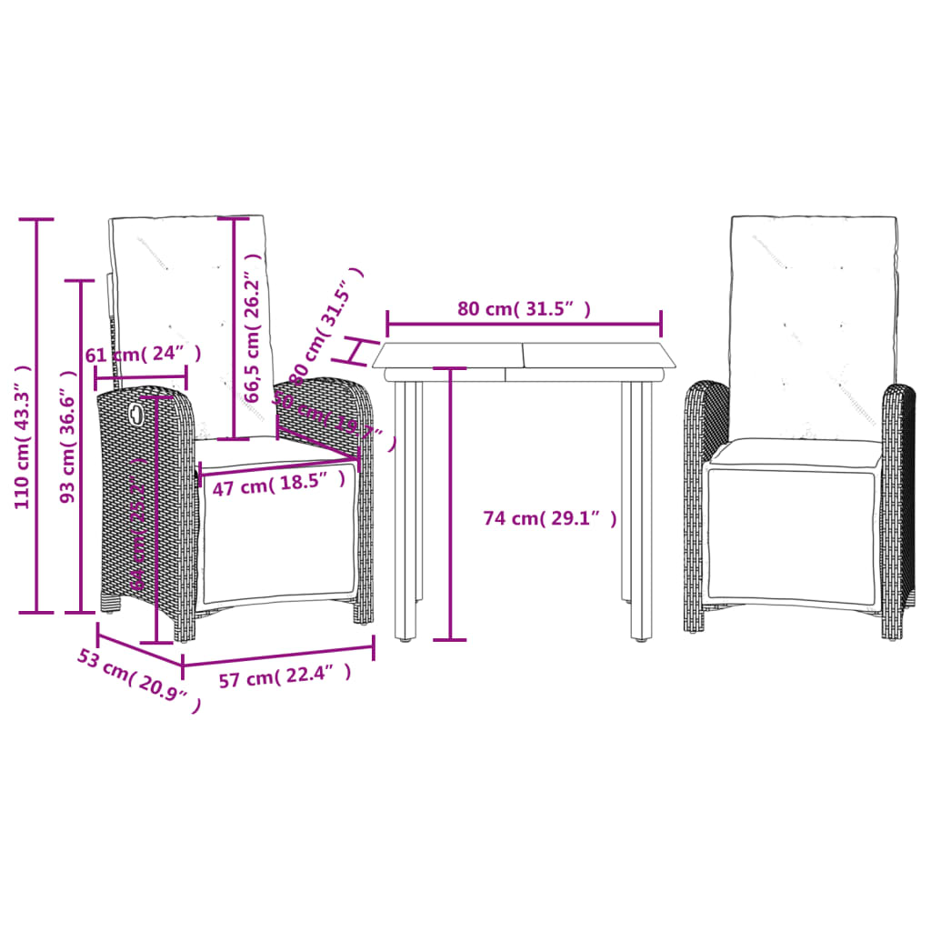 vidaXL 3 Piece Bistro Set with Cushions Black Poly Rattan