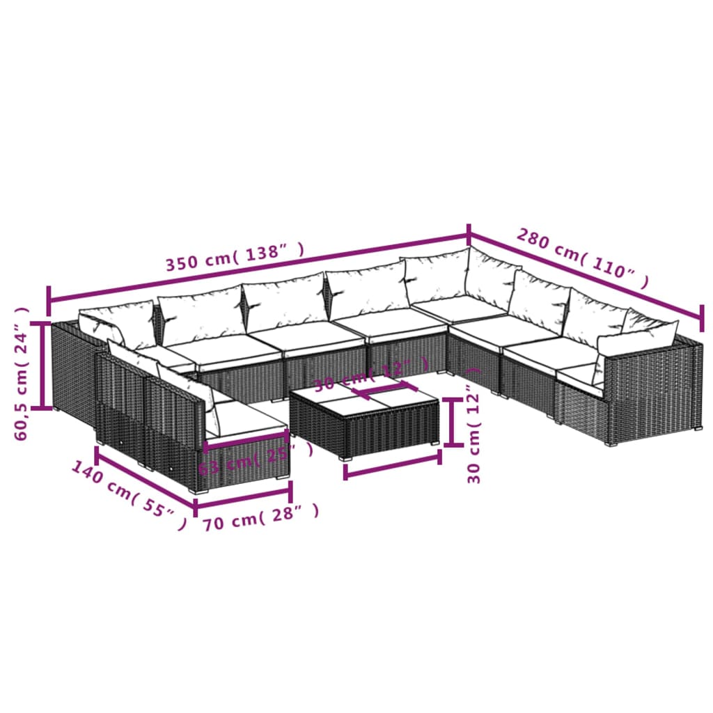 vidaXL 11 Piece Patio Lounge Set with Cushions Brown Poly Rattan