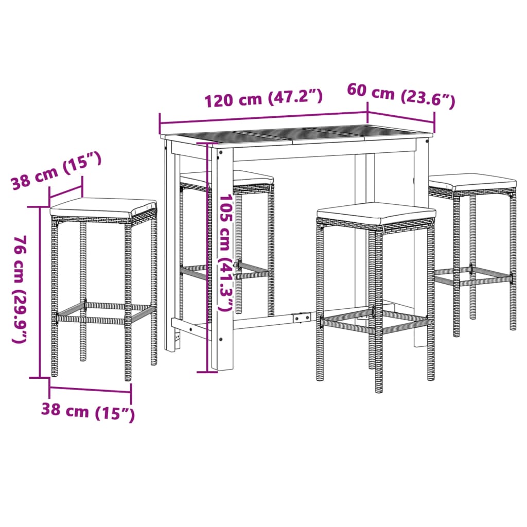 vidaXL 5 Piece Patio Bar Set Black Solid Wood Acacia and Poly Rattan