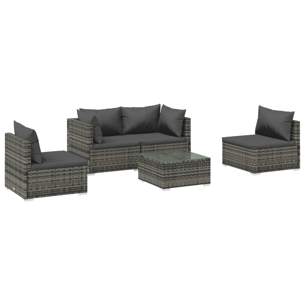 vidaXL 5 Piece Patio Lounge Set with Cushions Poly Rattan Gray