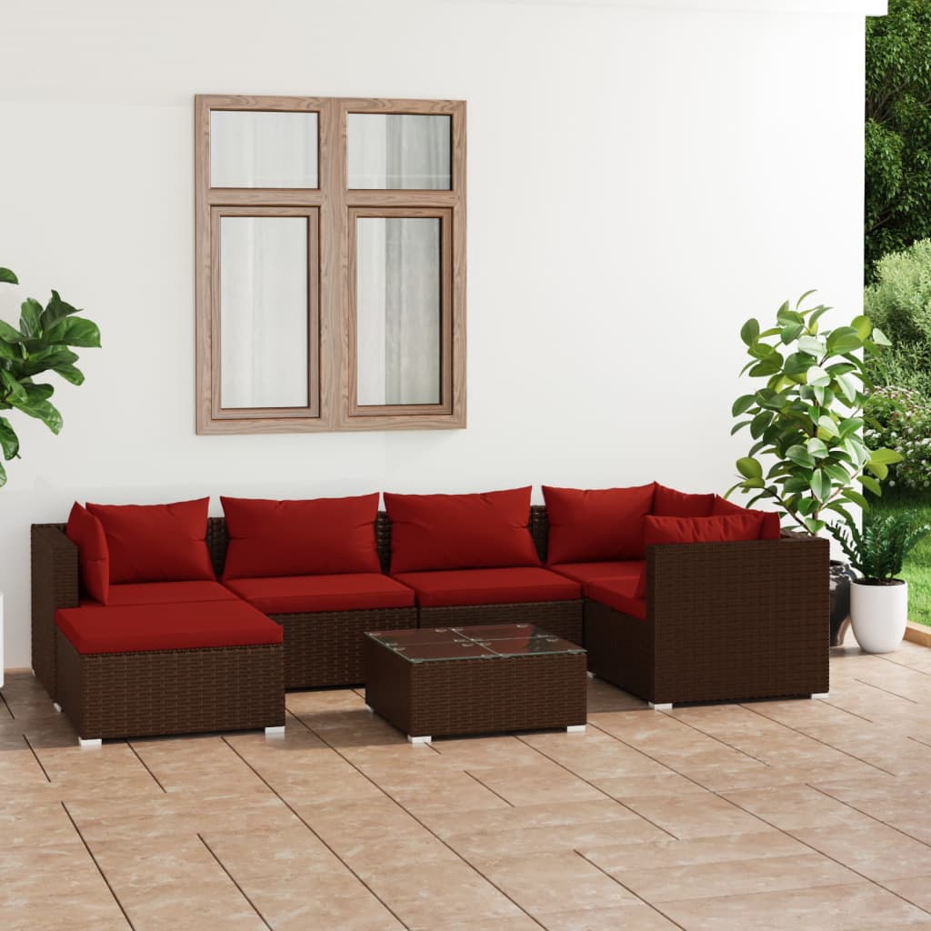 vidaXL 7 Piece Patio Lounge Set with Cushions Poly Rattan Brown