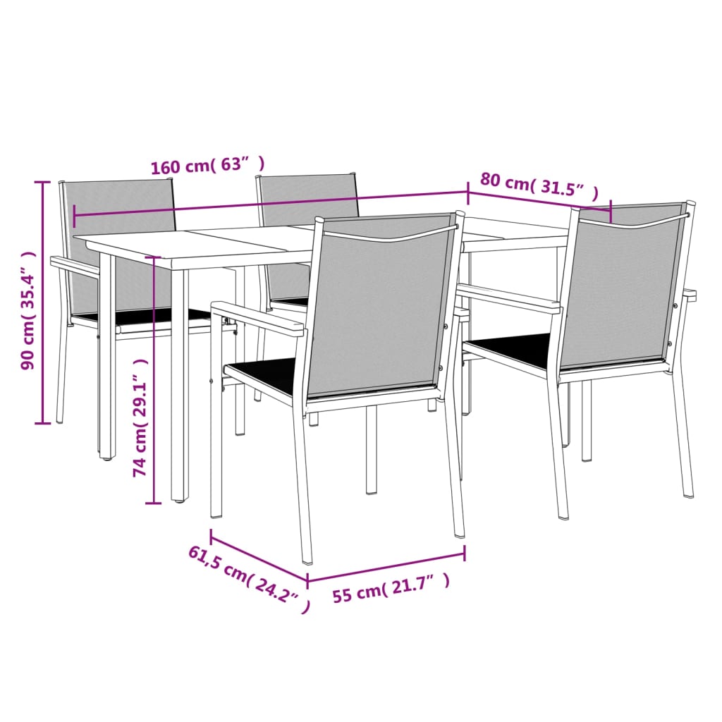 vidaXL 5 Piece Patio Dining Set Black Textilene and Steel