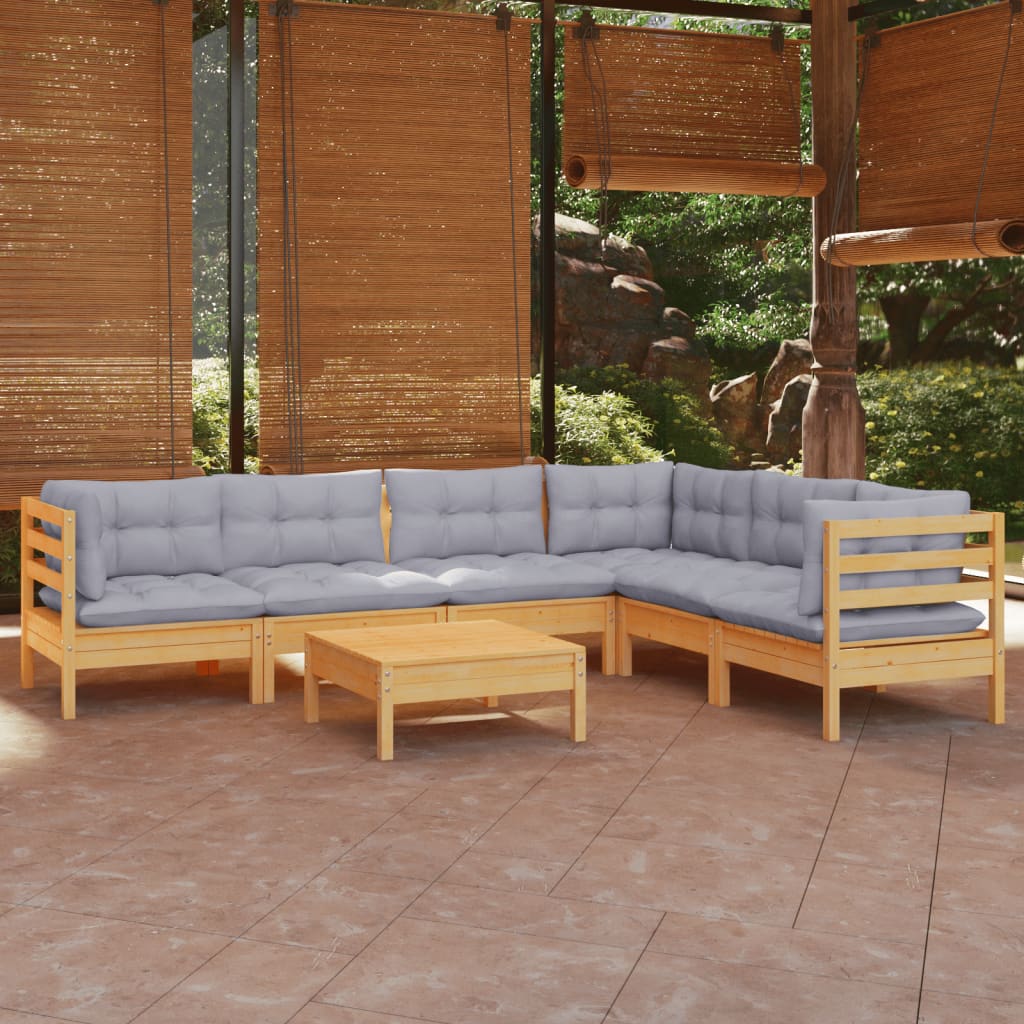 vidaXL 7 Piece Patio Lounge Set with Gray Cushions Solid Pinewood