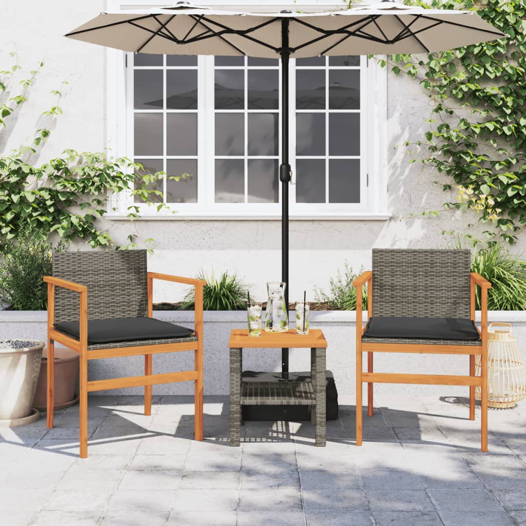 vidaXL Patio Chairs with Cushions 2 pcs Gray Poly Rattan&Solid Wood