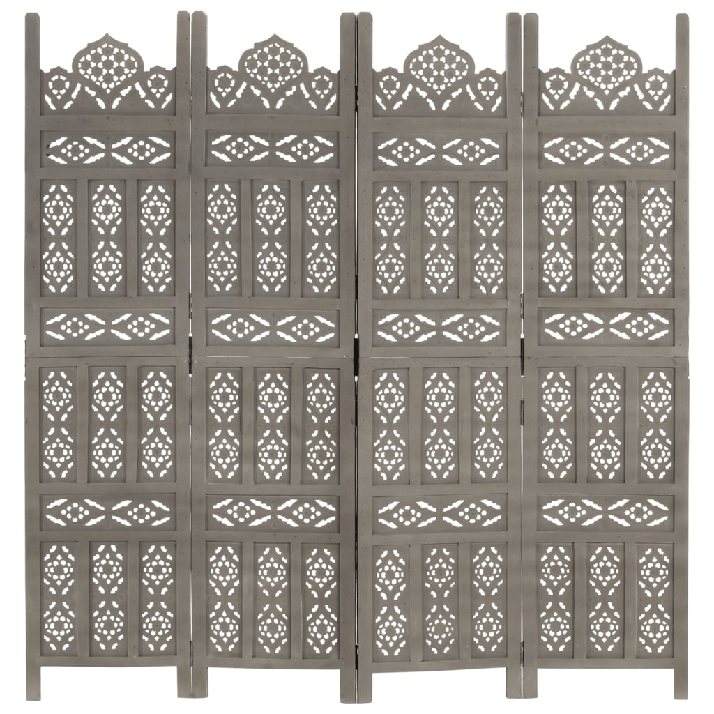 vidaXL Hand carved 4-Panel Room Divider Gray 63"x65" Solid Mango Wood