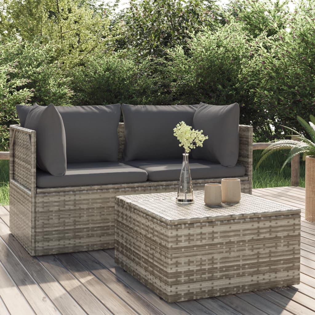 vidaXL 3 Piece Patio Lounge Set with Cushions Gray Poly Rattan