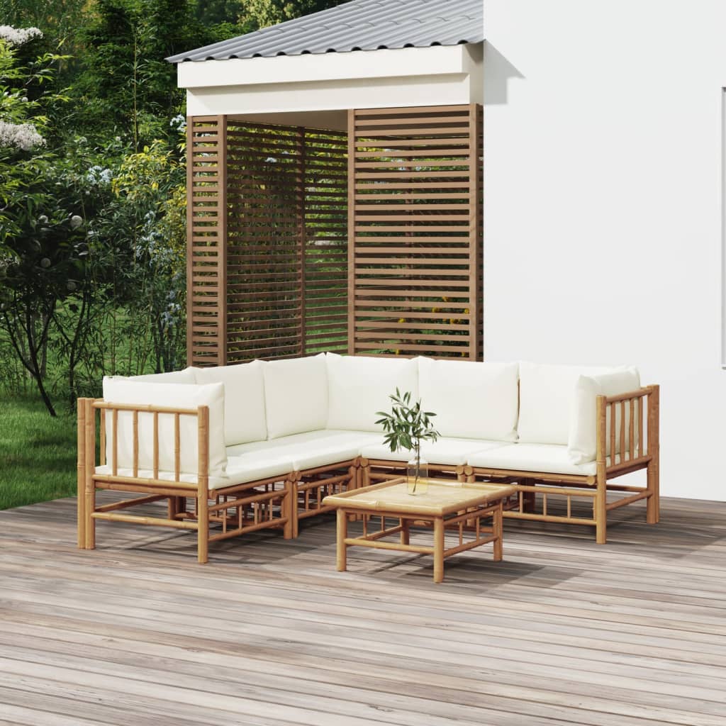 vidaXL 6 Piece Patio Lounge Set with Cream White Cushions Bamboo