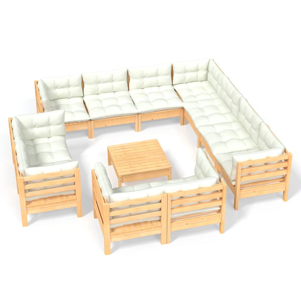 vidaXL 12 Piece Patio Lounge Set with Cream Cushions Solid Pinewood