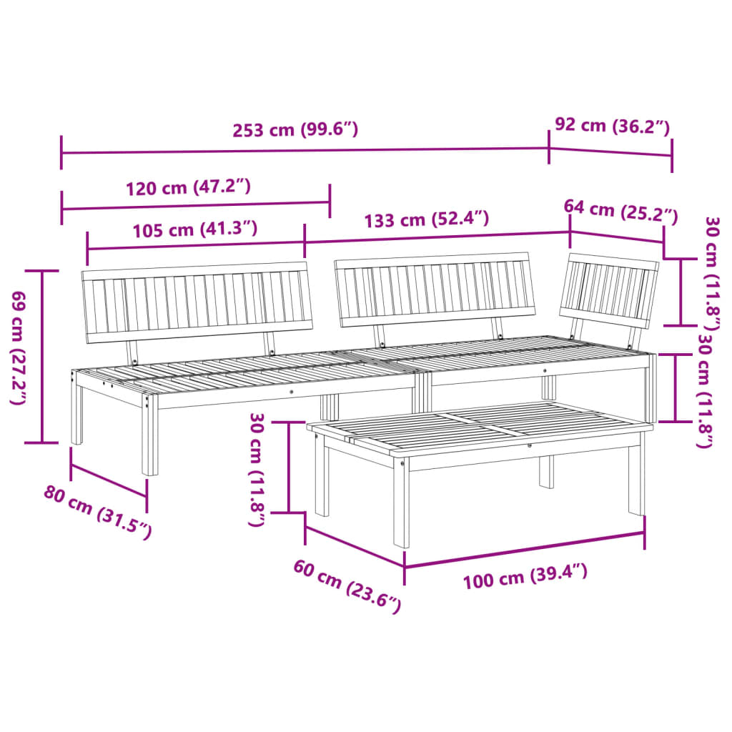 vidaXL 3 Piece Patio Pallet Sofa Set Solid Wood Acacia