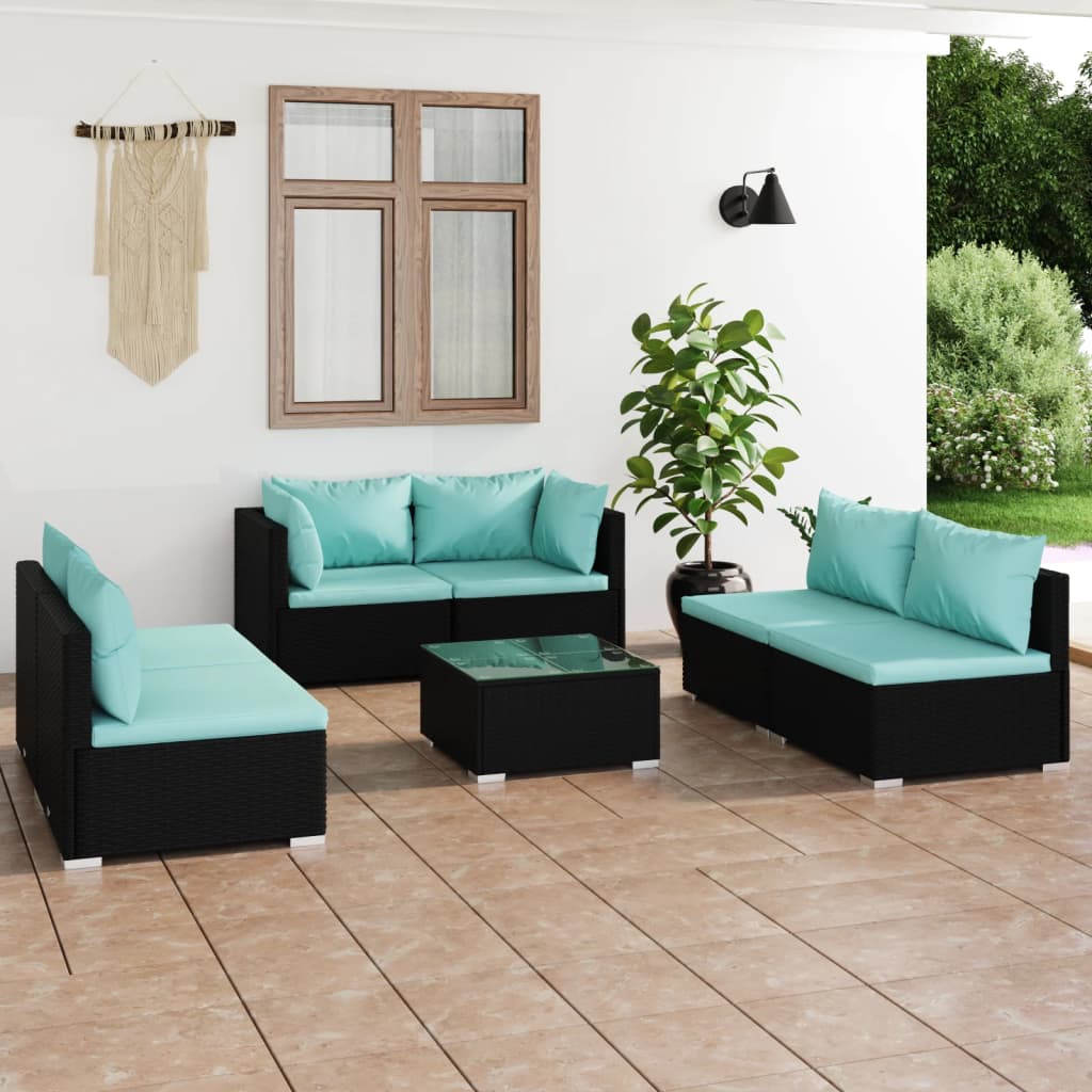 vidaXL 7 Piece Patio Lounge Set with Cushions Poly Rattan Black