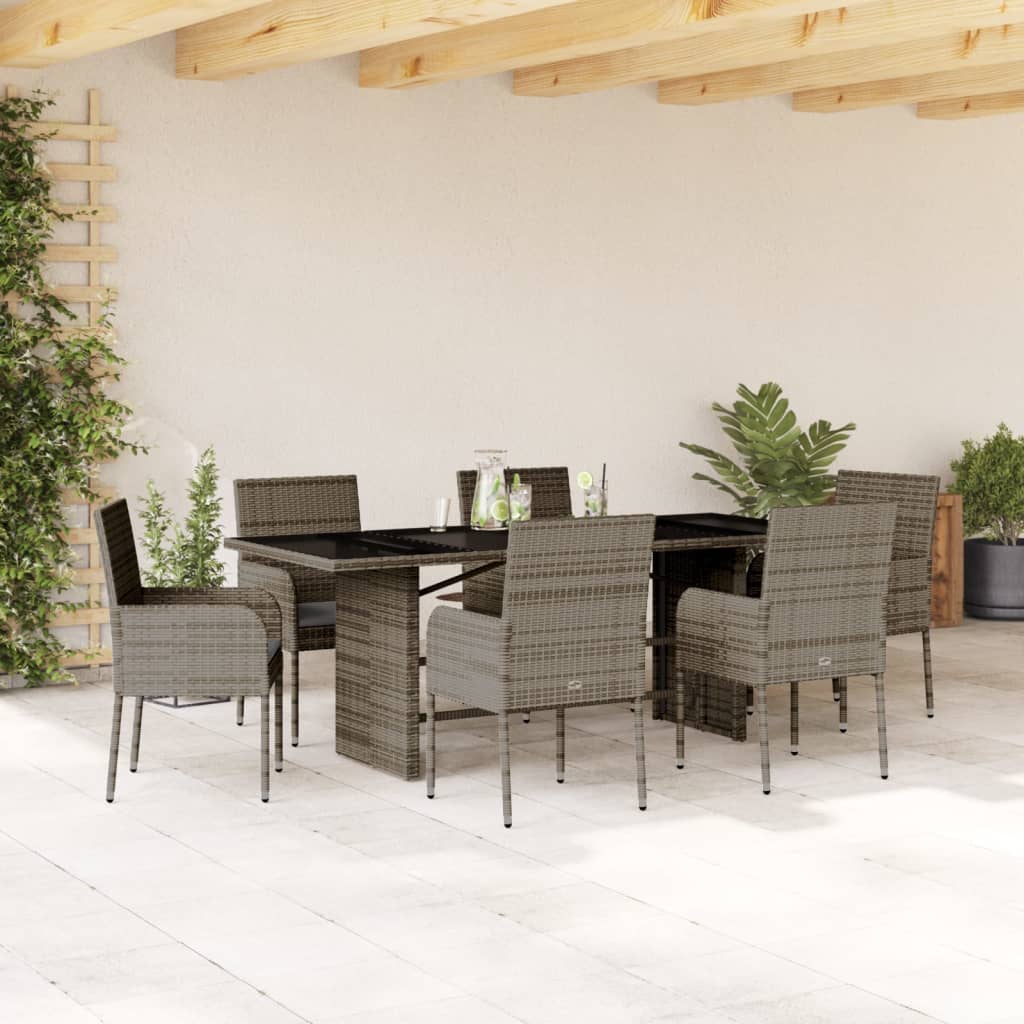 vidaXL 7 Piece Patio Dining Set with Cushions Gray Poly Rattan