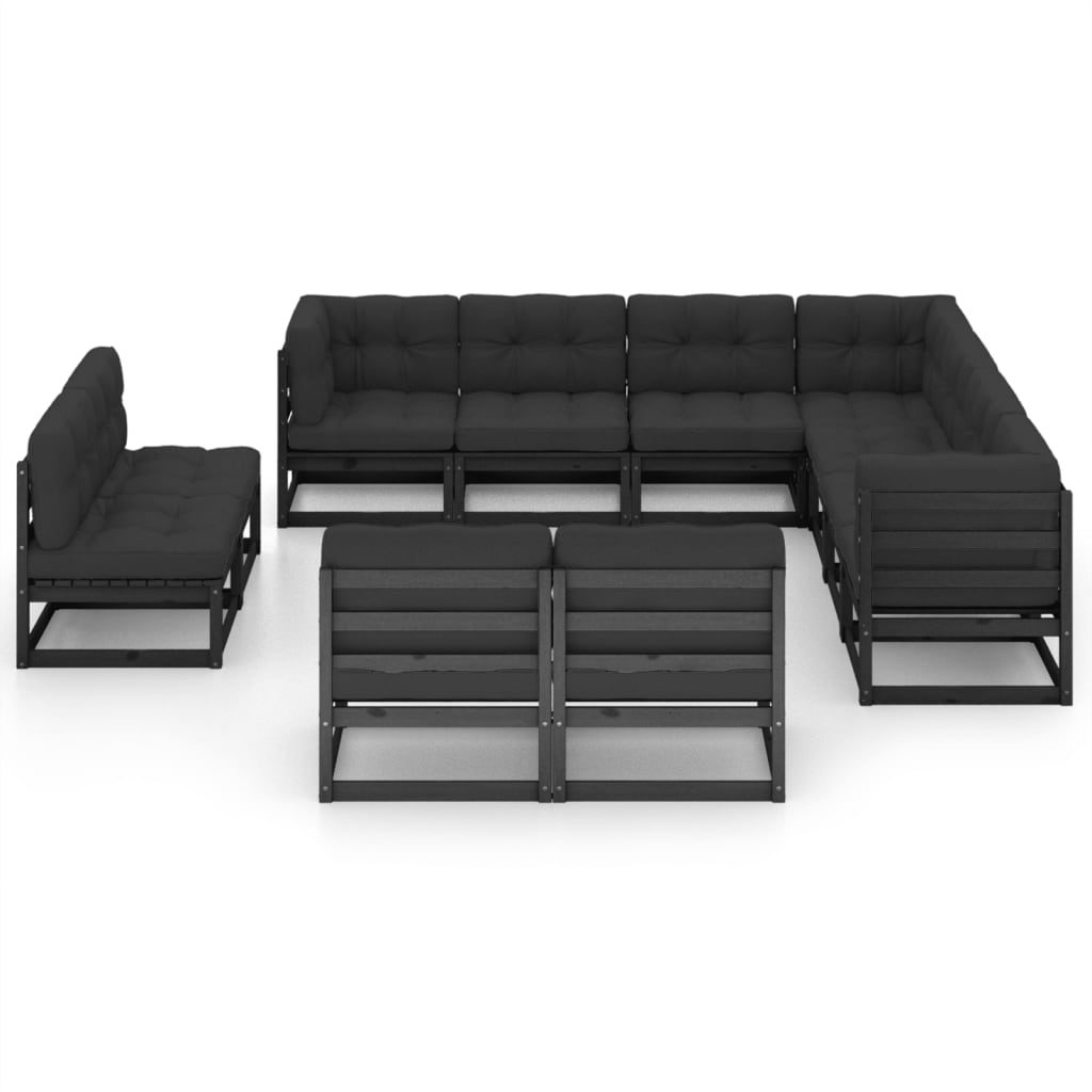 vidaXL 11 Piece Patio Lounge Set with Cushions Black Solid Pinewood