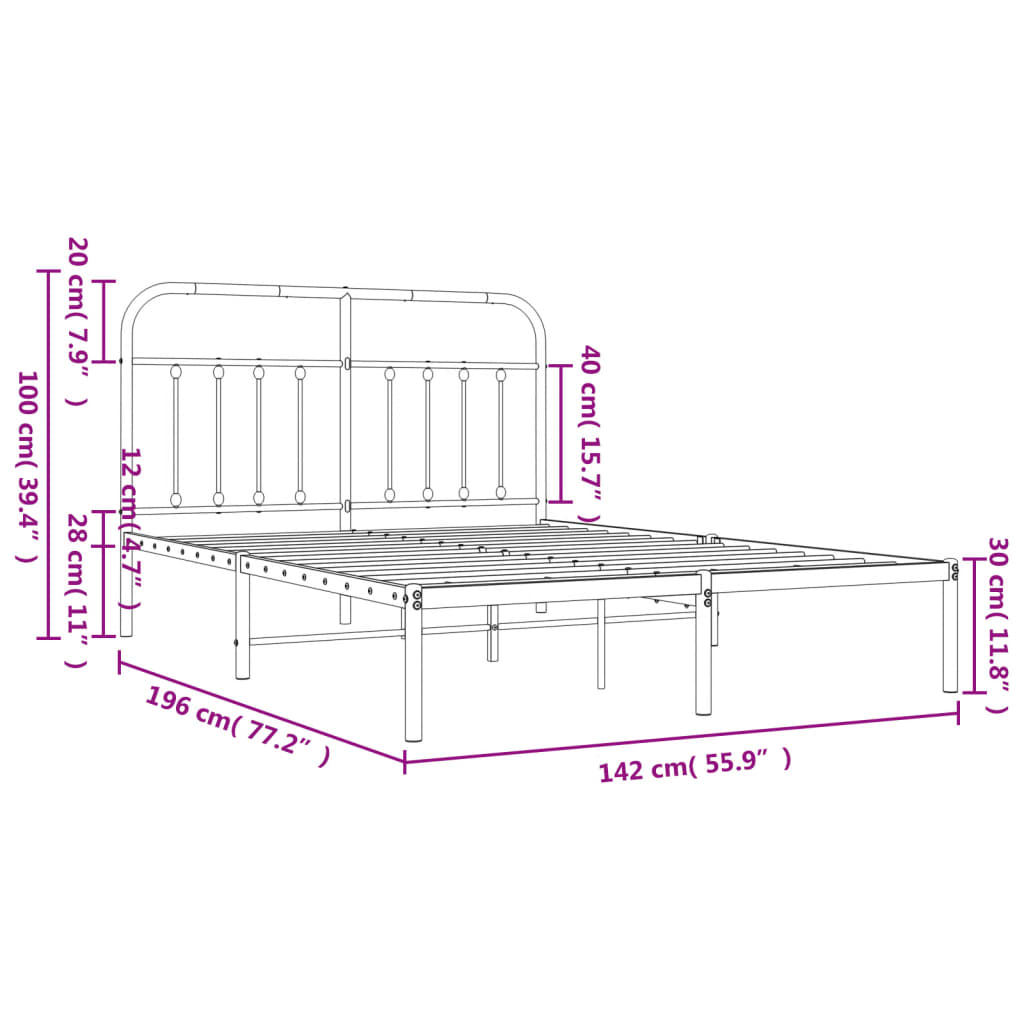 vidaXL Metal Bed Frame without Mattress with Headboard Black 53.1"x74.8"