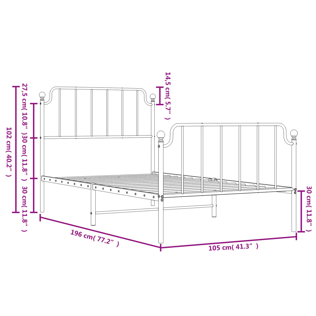 vidaXL Metal Bed Frame without Mattress with Footboard Black 39.4"x74.8"