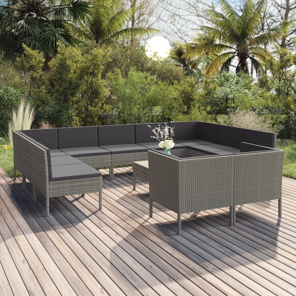 vidaXL 12 Piece Patio Lounge Set with Cushions Poly Rattan Gray