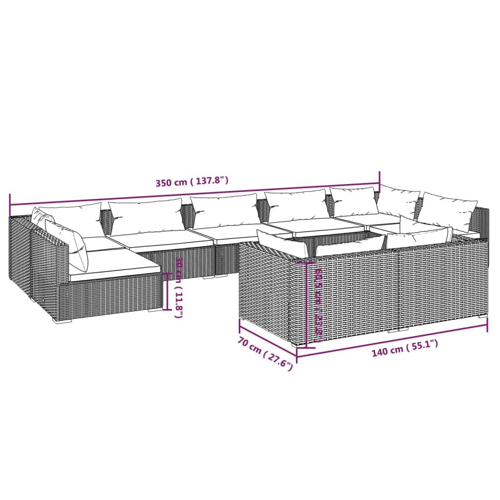 vidaXL 9 Piece Patio Lounge Set with Cushions Gray Poly Rattan