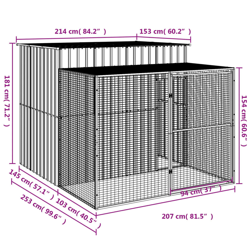 vidaXL Dog House with Run Light Gray 84.3"x99.6"x71.3" Galvanized Steel