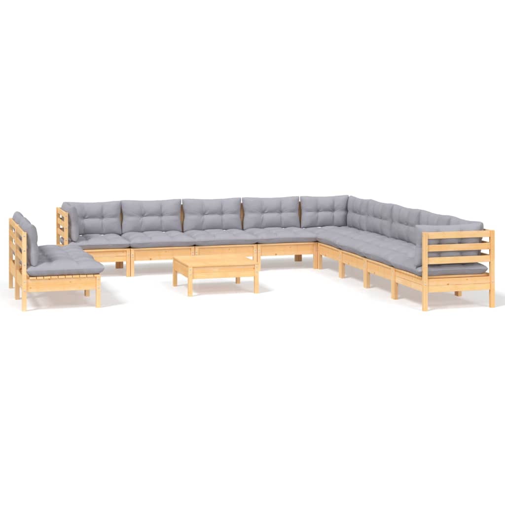 vidaXL 12 Piece Patio Lounge Set with Gray Cushions Solid Pinewood