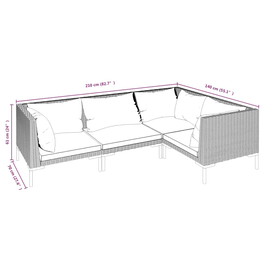 vidaXL 4 Piece Patio Lounge Set with Cushions Poly Rattan Dark Gray