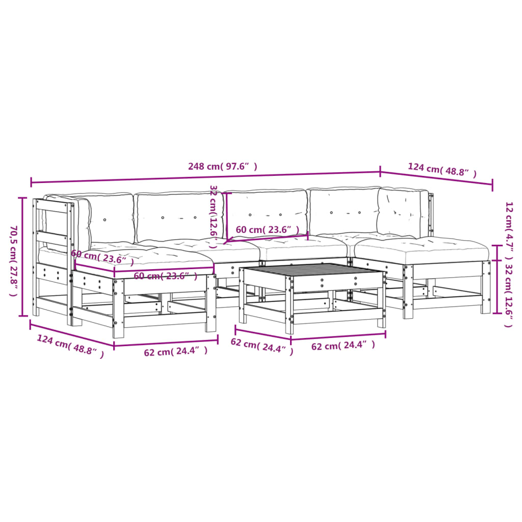 vidaXL 7 Piece Patio Lounge Set with Cushions White Solid Wood