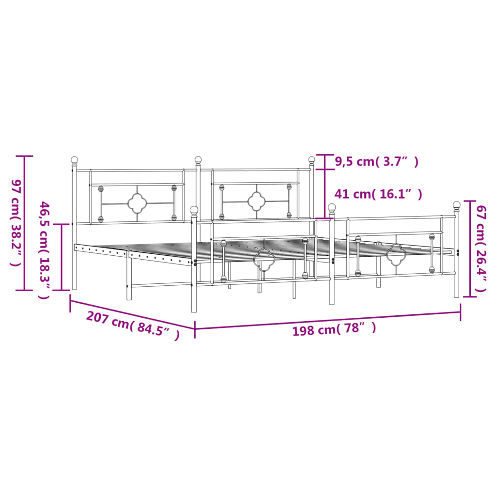 vidaXL Metal Bed Frame without Mattress with Footboard Black 76"x79.9"