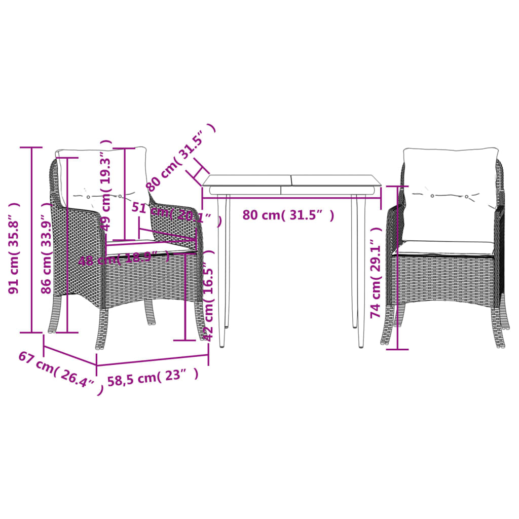 vidaXL 3 Piece Patio Dining Set with Cushions Brown Poly Rattan