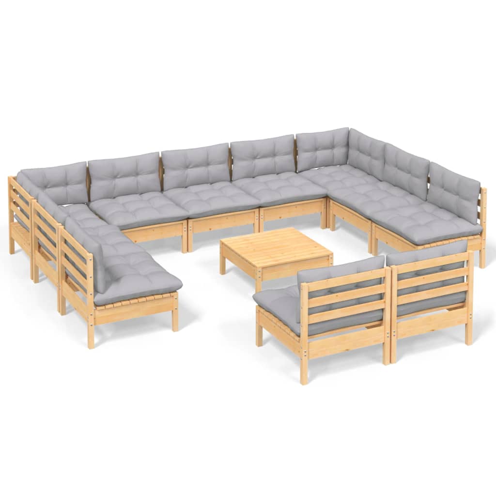 vidaXL 12 Piece Patio Lounge Set with Gray Cushions Solid Pinewood