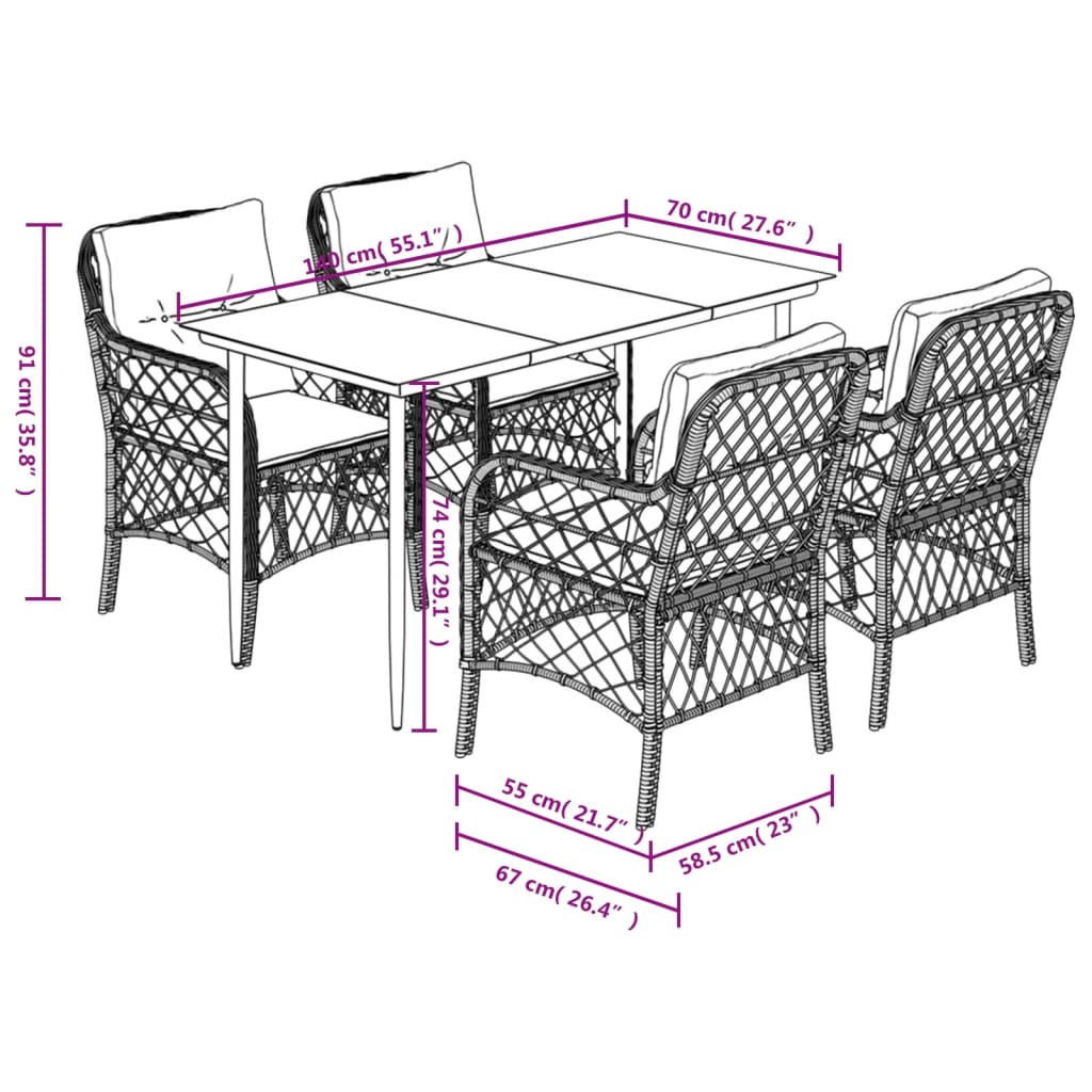 vidaXL 5 Piece Patio Dining Set with Cushions Black Poly Rattan