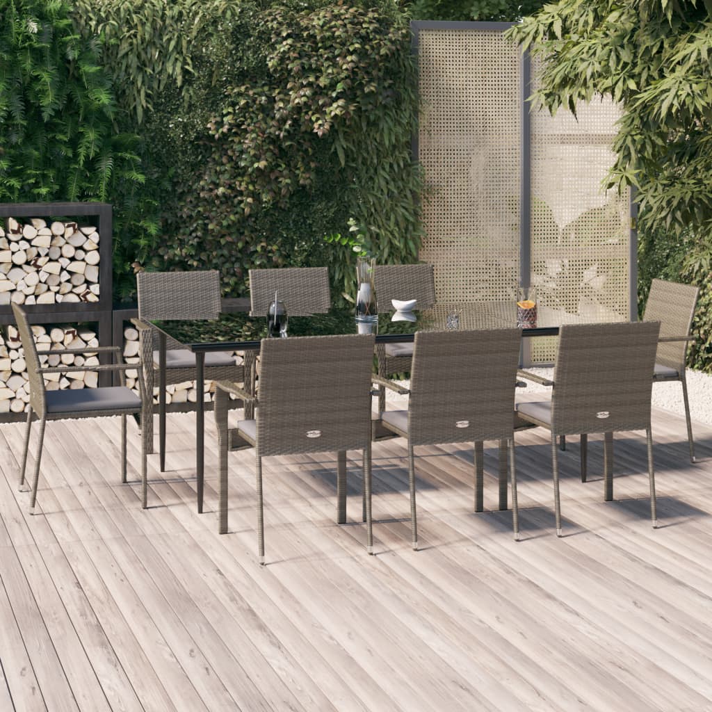 vidaXL 9 Piece Patio Dining Set with Cushions Black and Gray Poly Rattan