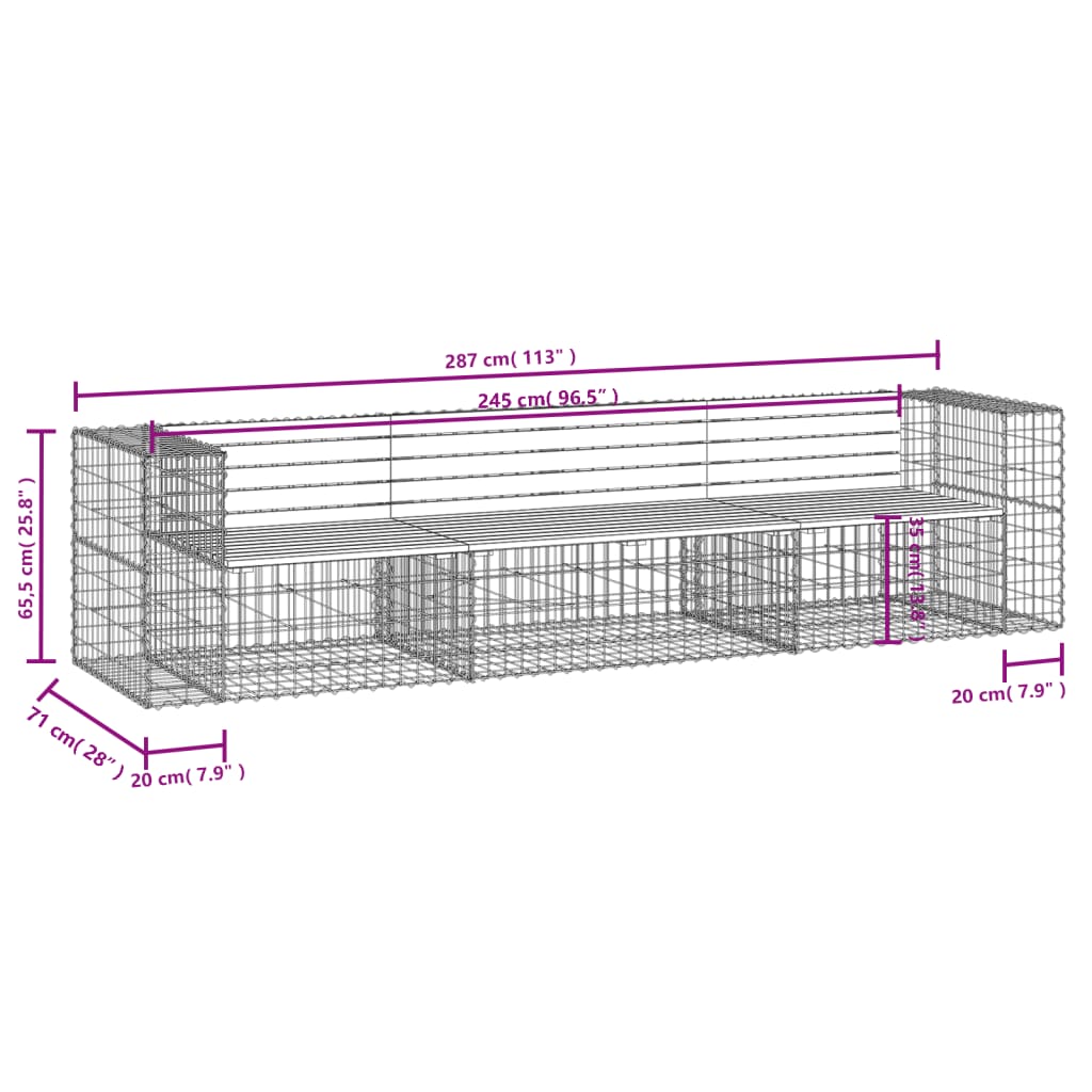 vidaXL Patio Bench Gabion Design 113"x28"x25.8" Solid Wood Pine