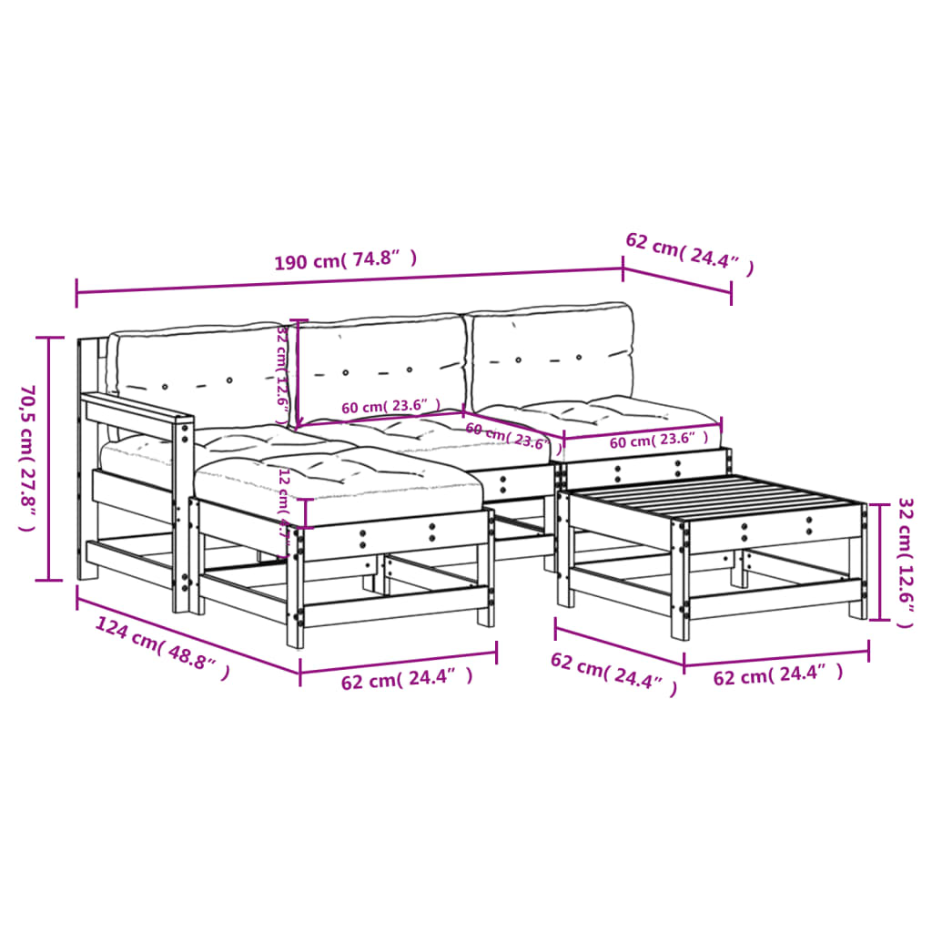 vidaXL 5 Piece Patio Lounge Set with Cushions White Solid Wood