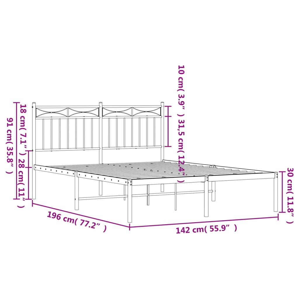 vidaXL Metal Bed Frame without Mattress with Headboard White 53.1"x74.8"