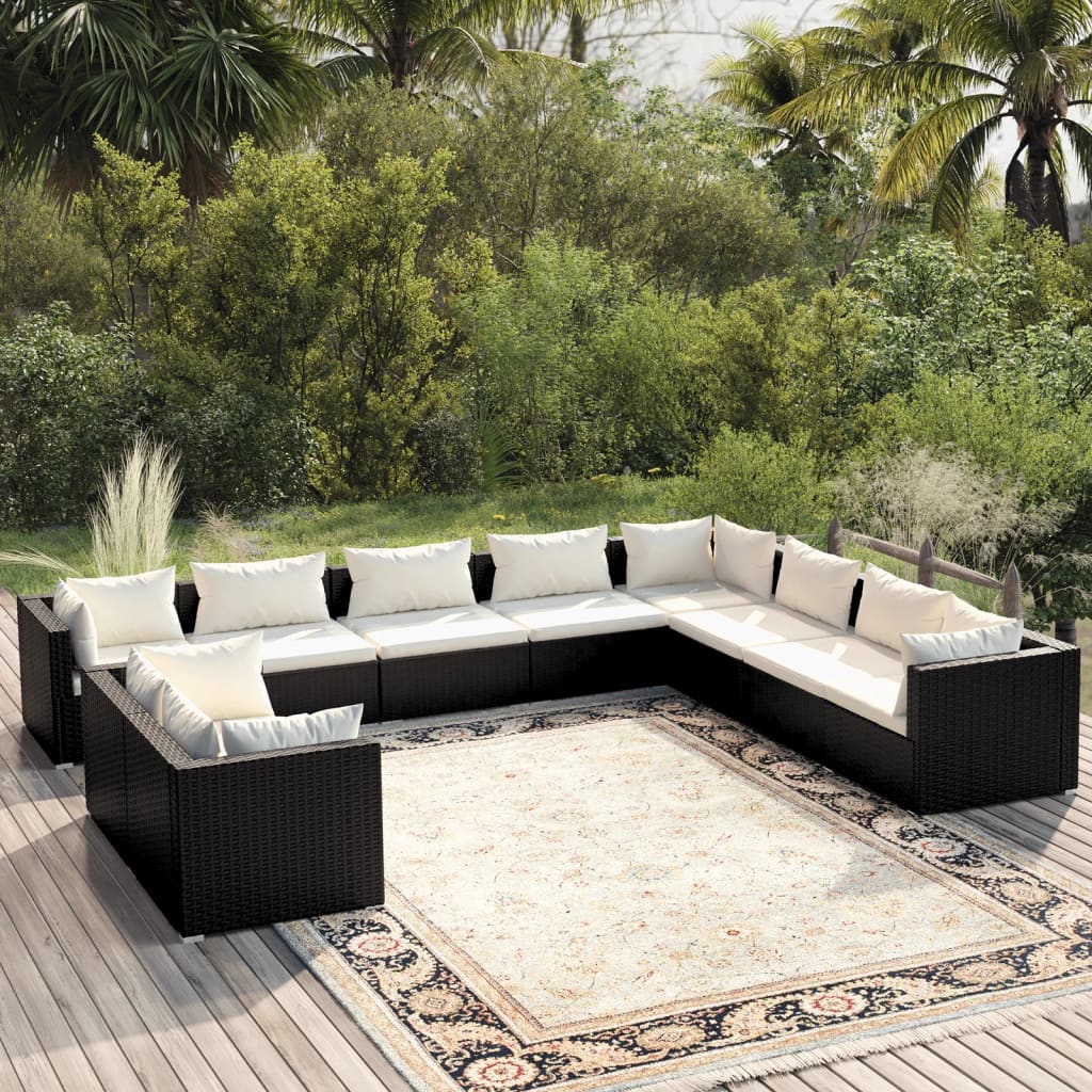 vidaXL 10 Piece Patio Lounge Set with Cushions Black Poly Rattan