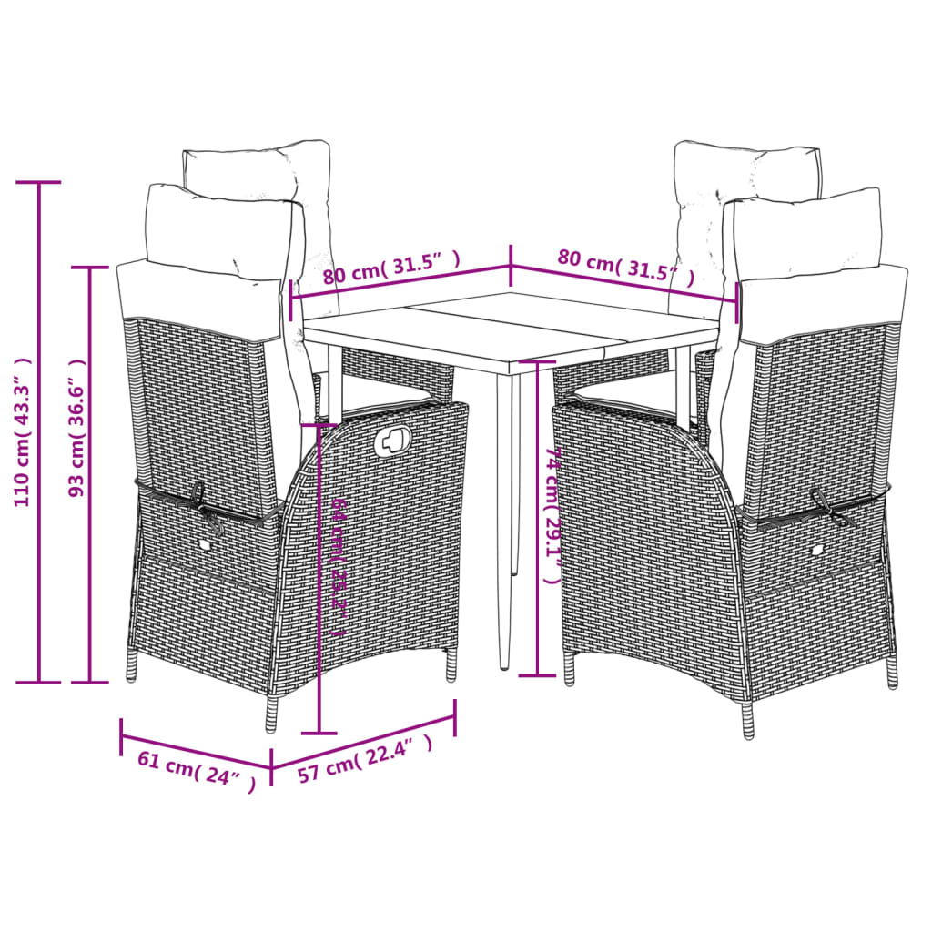 vidaXL 5 Piece Patio Dining Set with Cushions Black Poly Rattan