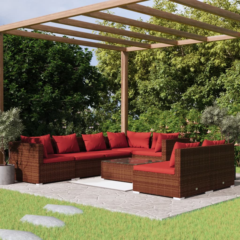 vidaXL 8 Piece Patio Lounge Set with Cushions Brown Poly Rattan