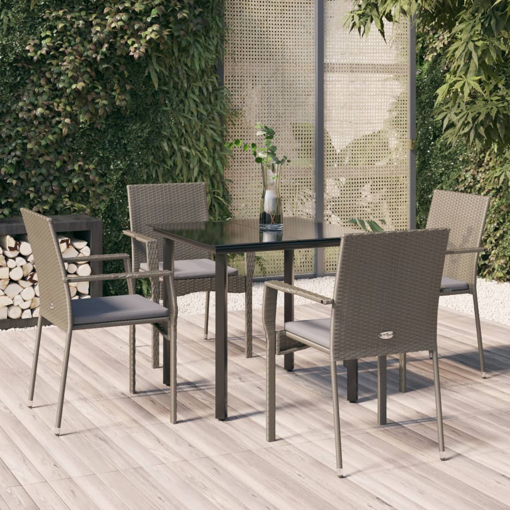 vidaXL 5 Piece Patio Dining Set with Cushions Black and Gray Poly Rattan