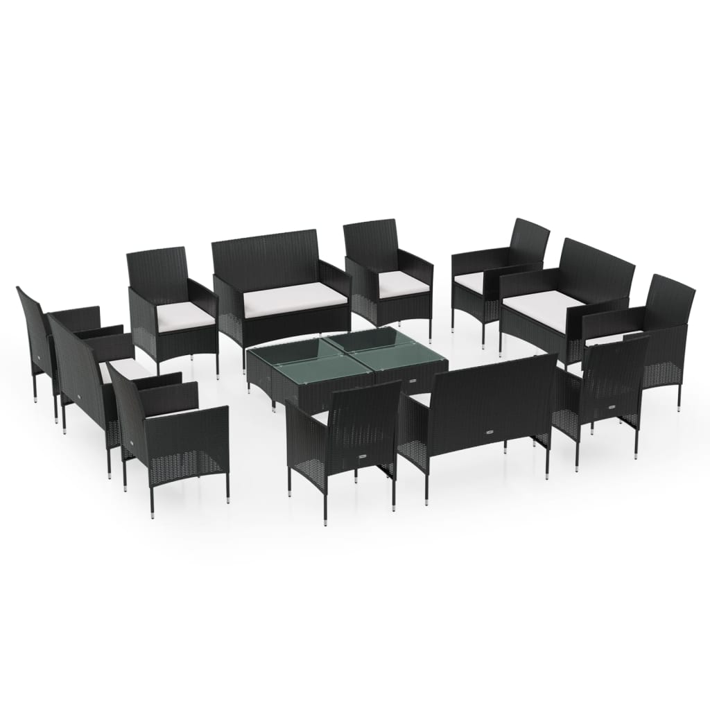 vidaXL 16 Piece Patio Lounge Set with Cushions Poly Rattan Black