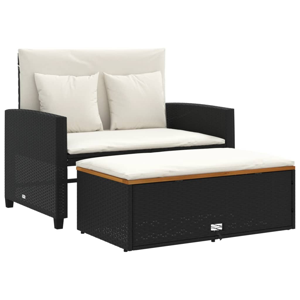 vidaXL Patio Sofa with Cushions 2-Seater Black Poly Rattan&Acacia Wood