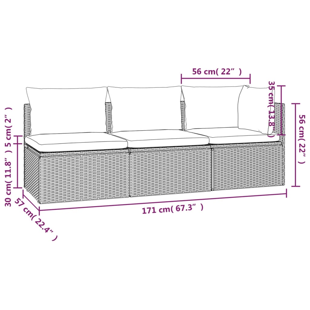 vidaXL 3 Piece Patio Lounge Set with Cushions Gray Poly Rattan