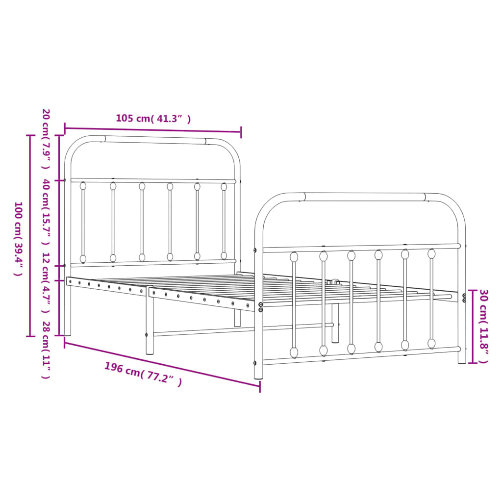 vidaXL Metal Bed Frame without Mattress with Footboard Black 39.4"x74.8"