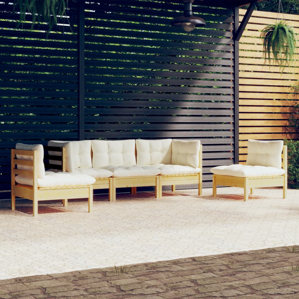 vidaXL 5 Piece Patio Lounge Set with Cream Cushions Solid Pinewood