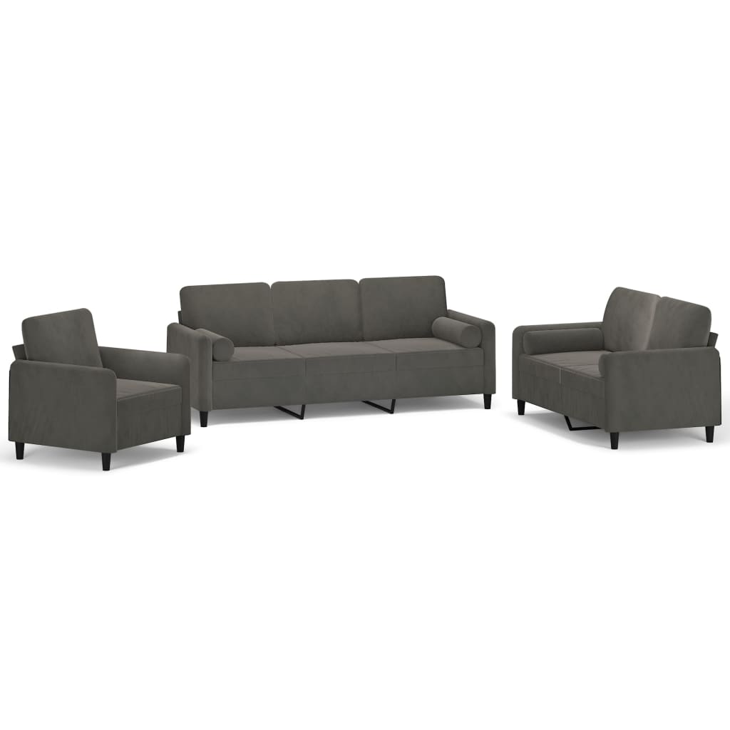 vidaXL 3 Piece Sofa Set with Throw Pillows&Cushions Dark Gray Velvet